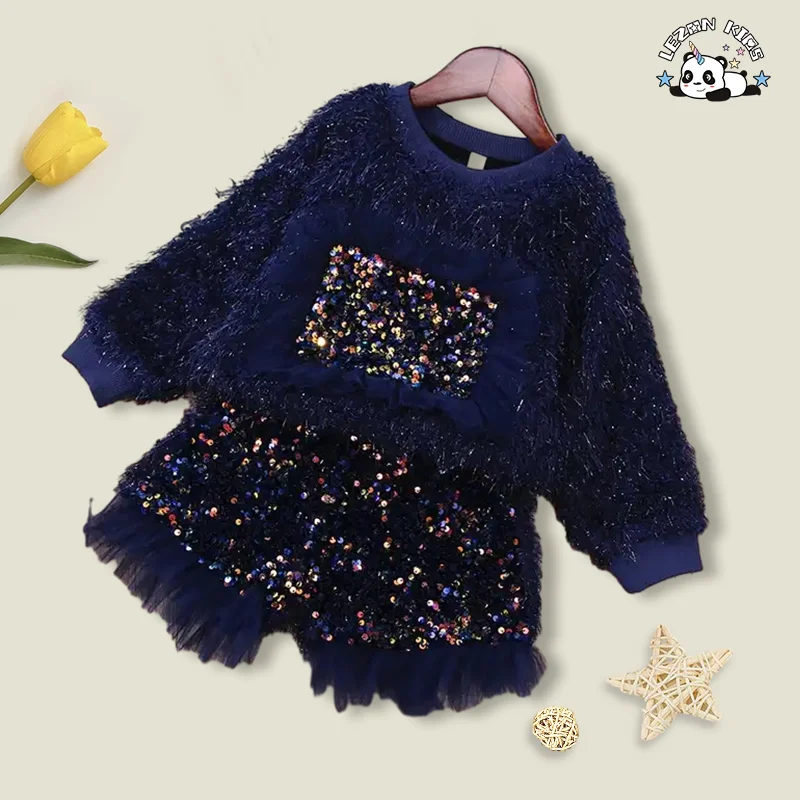 LEZONKIDS - Customized Fashion Custom Children Clothing Kids Velvet Track Suit Sapphire Girls Sets